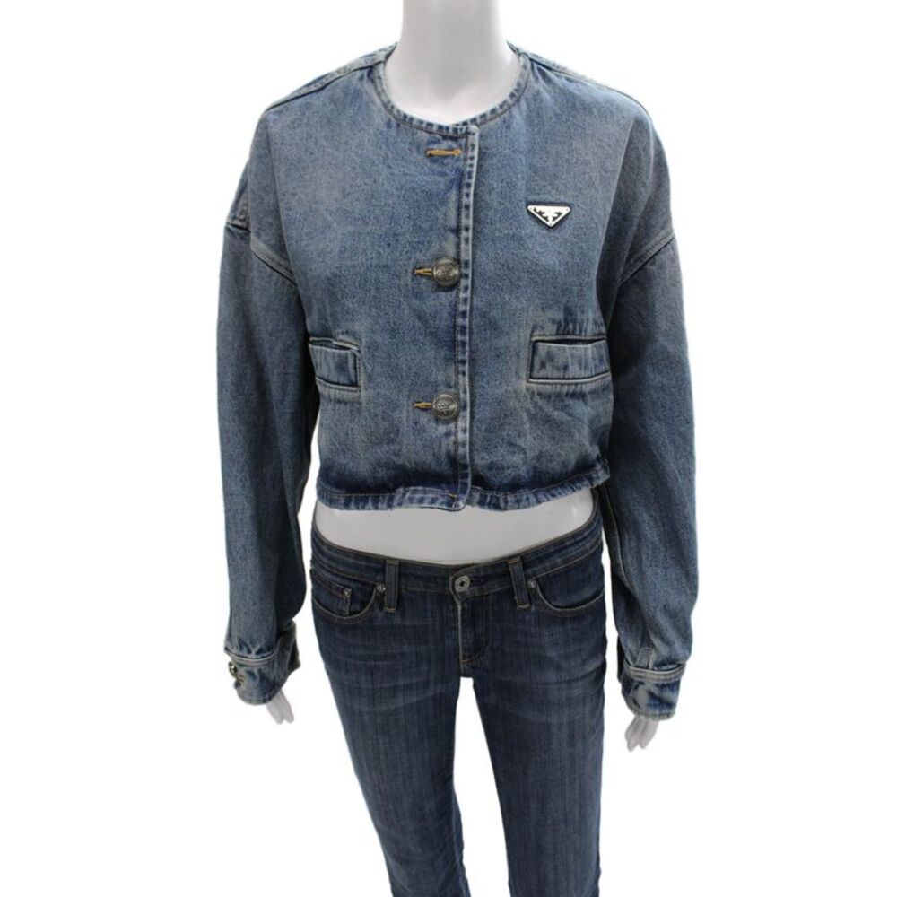 Prada Women Basic Jacket Blue Cotton Button Long Sleeve Fall Size 36